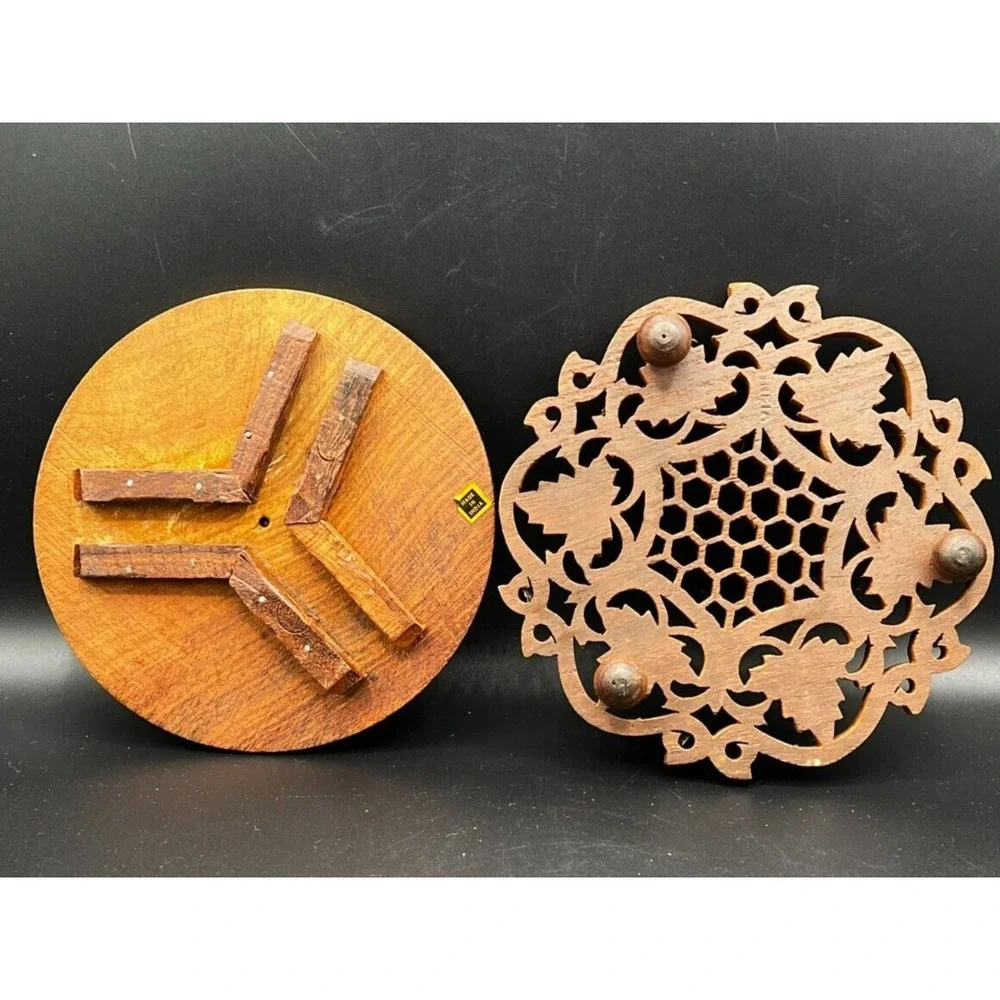 Handcrafted Round Wood Trivets Plant Stand ~ Set of 2 ~ India